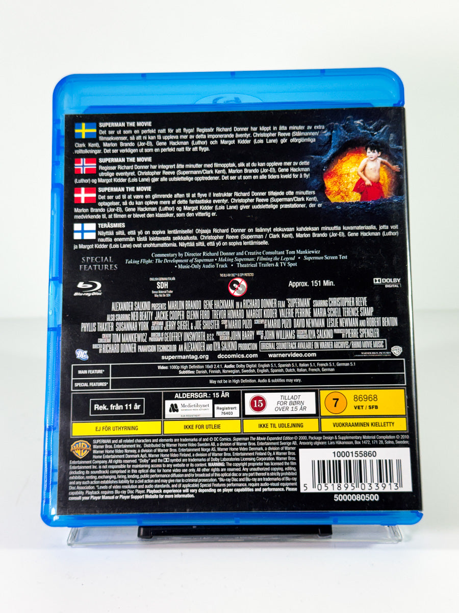Bakside av cover til Superman The Movie, brukt original Blu-ray hos Brukbar Film