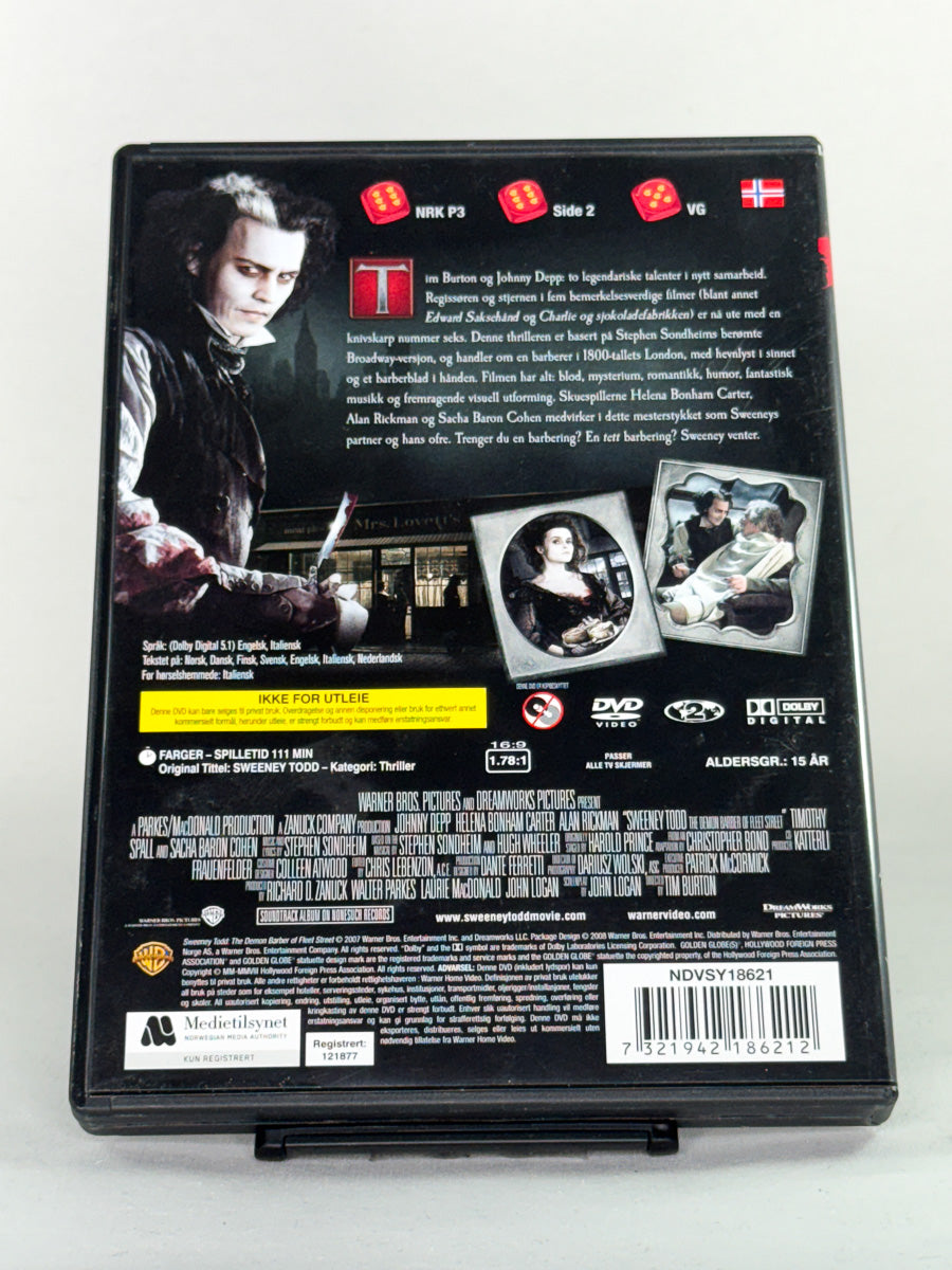 Bakside av DVD-cover til Sweeney Todd – gotisk musikalfilm regissert av Tim Burton, brukt originalfilm på DVD fra Brukbar Film