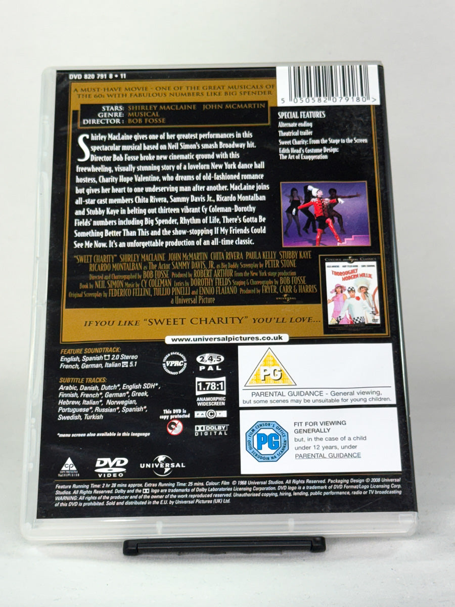 Bakside av DVD-cover til Sweet Charity – brukt original musikalfilm på DVD med Shirley MacLaine fra Brukbar Film