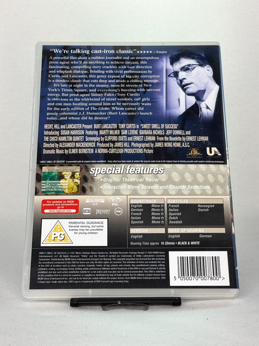 Bakside av DVD-cover til Sweet Smell of Success – kynisk og stilsikker 50-talls noir om makt og mediemanipulasjon, bruktfilm på DVD hos Brukbar Film.