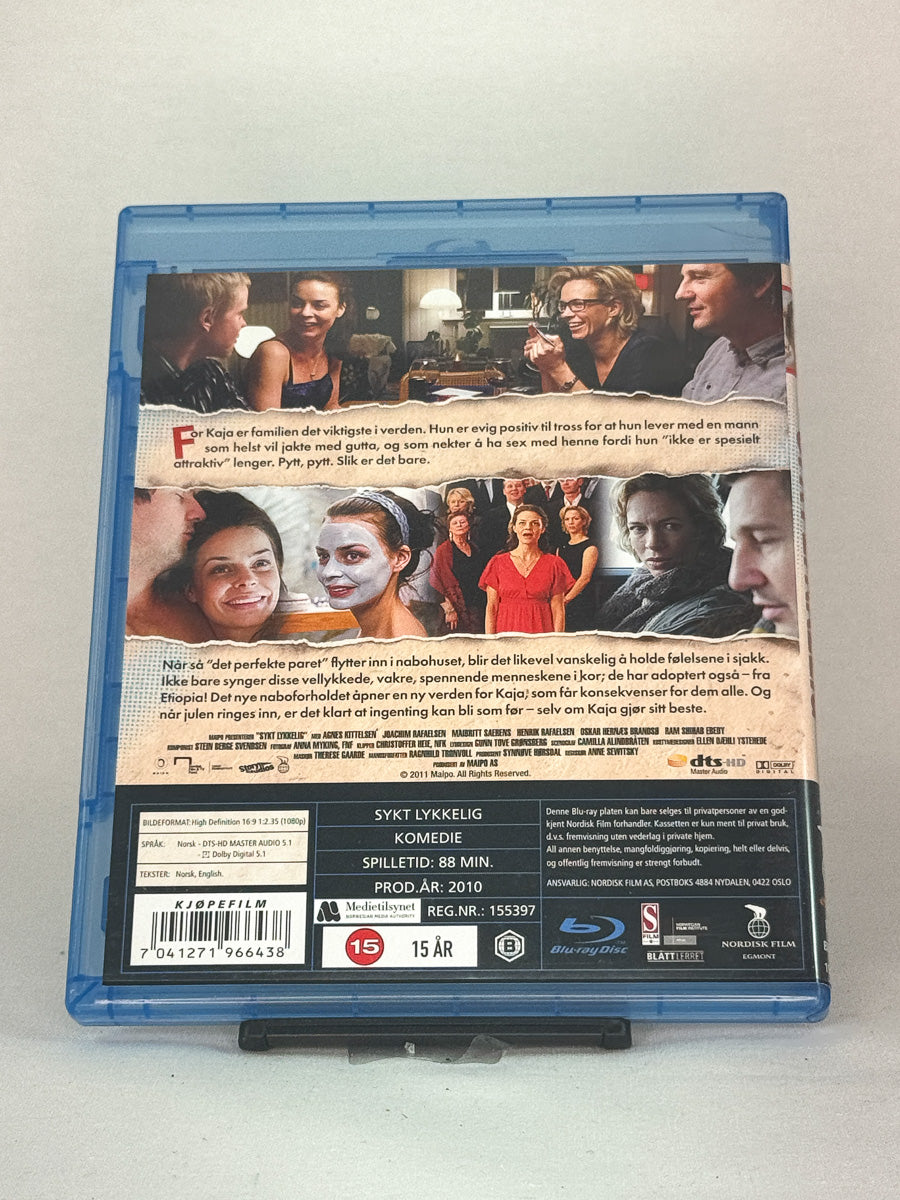 Bakside av Blu-ray-cover til Sykt lykkelig – norsk originalfilm på Blu-ray, brukt film fra Brukbar Film