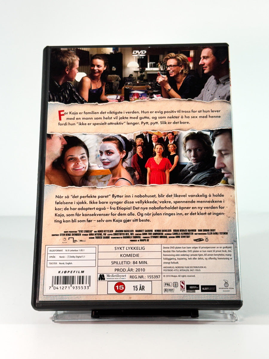 Bakside av cover til Sykt lykkelig, brukt original DVD hos Brukbar Film