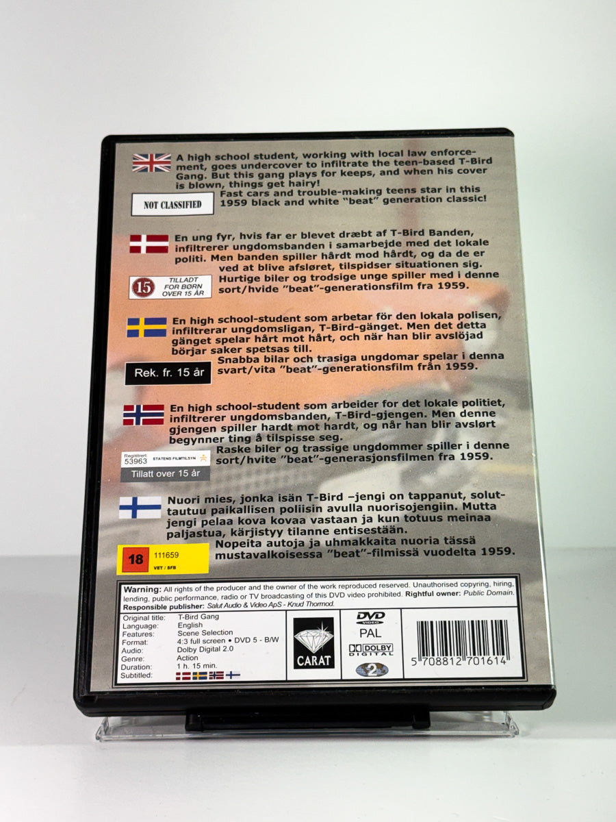 Bakside av cover til T-Bird Gang, bruktfilm på DVD hos Brukbar Film