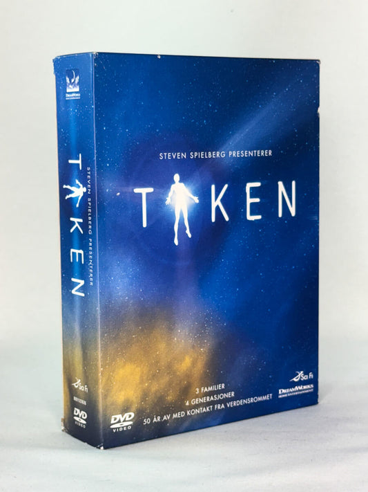 Forside av DVD-cover til miniserien Taken – episk sci-fi-drama produsert av Steven Spielberg, brukt originalfilm hos Brukbar Film