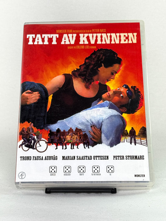 Forside av DVD-cover til Tatt av kvinnen – norsk romantisk komedie basert på Erlend Loes roman, brukt film på DVD fra Brukbar Film