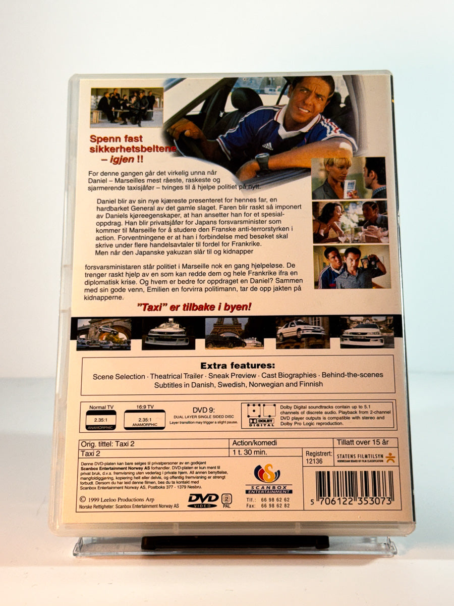 Bakside av cover til taxi 2, bruktfilm på DVD hos Brukbar Film