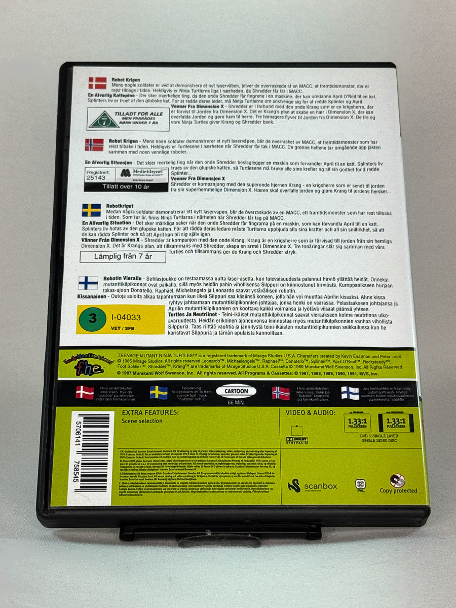 Bakside av DVD-cover til Teenage Mutant Hero Turtles – Attack of Big Macc, brukt original animasjons-DVD hos Brukbar Film