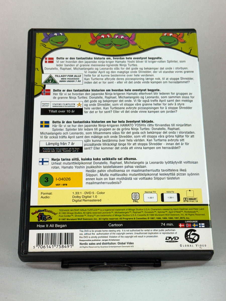 Bakside av DVD-cover til Teenage Mutant Hero Turtles – How It All Began, original brukt tegnefilm-DVD hos Brukbar Film