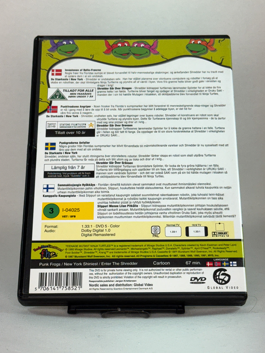 Bakside av DVD-cover til Teenage Mutant Hero Turtles – Punk Frogs, brukt originalutgivelse av animasjonsserien på DVD fra Brukbar Film