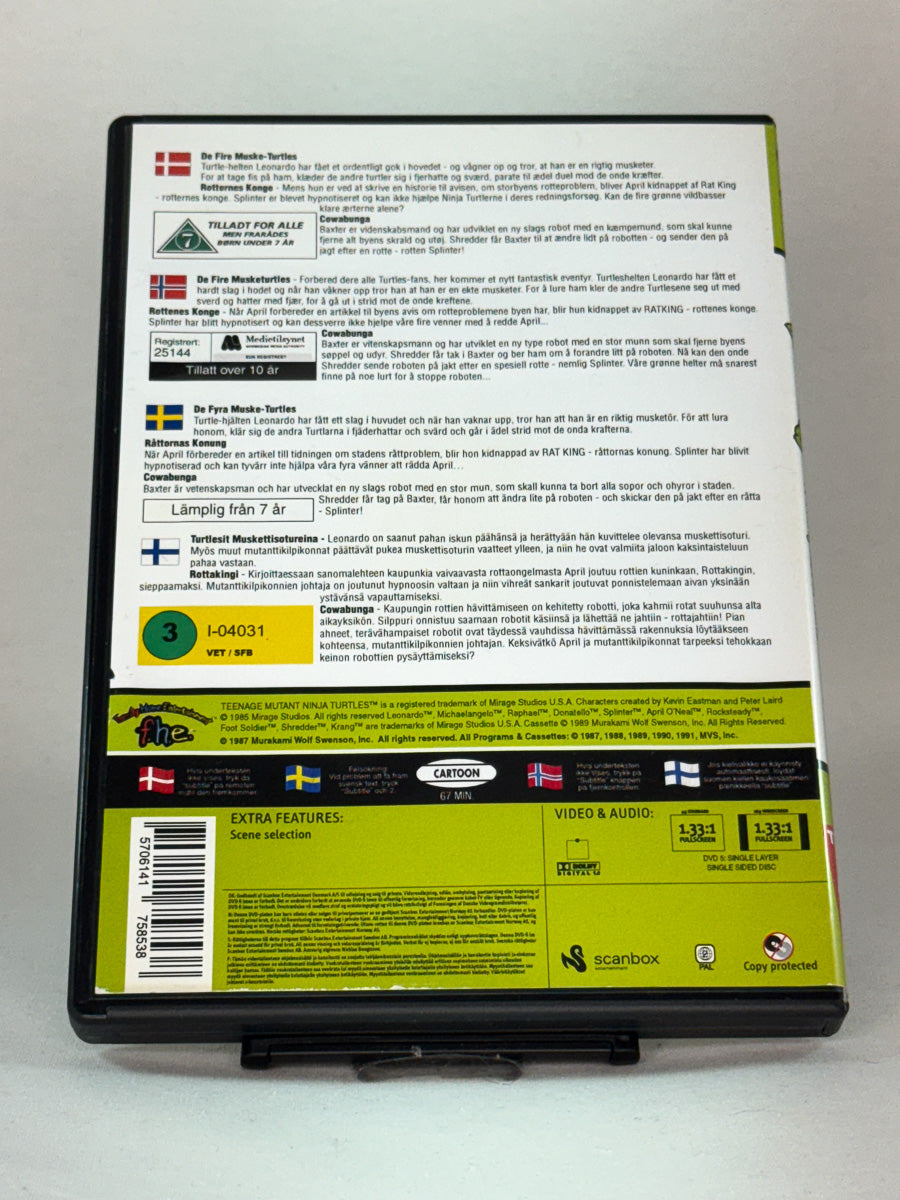 Bakside av DVD-cover til Teenage Mutant Hero Turtles – The Four Muskaturtles, original brukt tegnefilm-DVD fra Brukbar Film