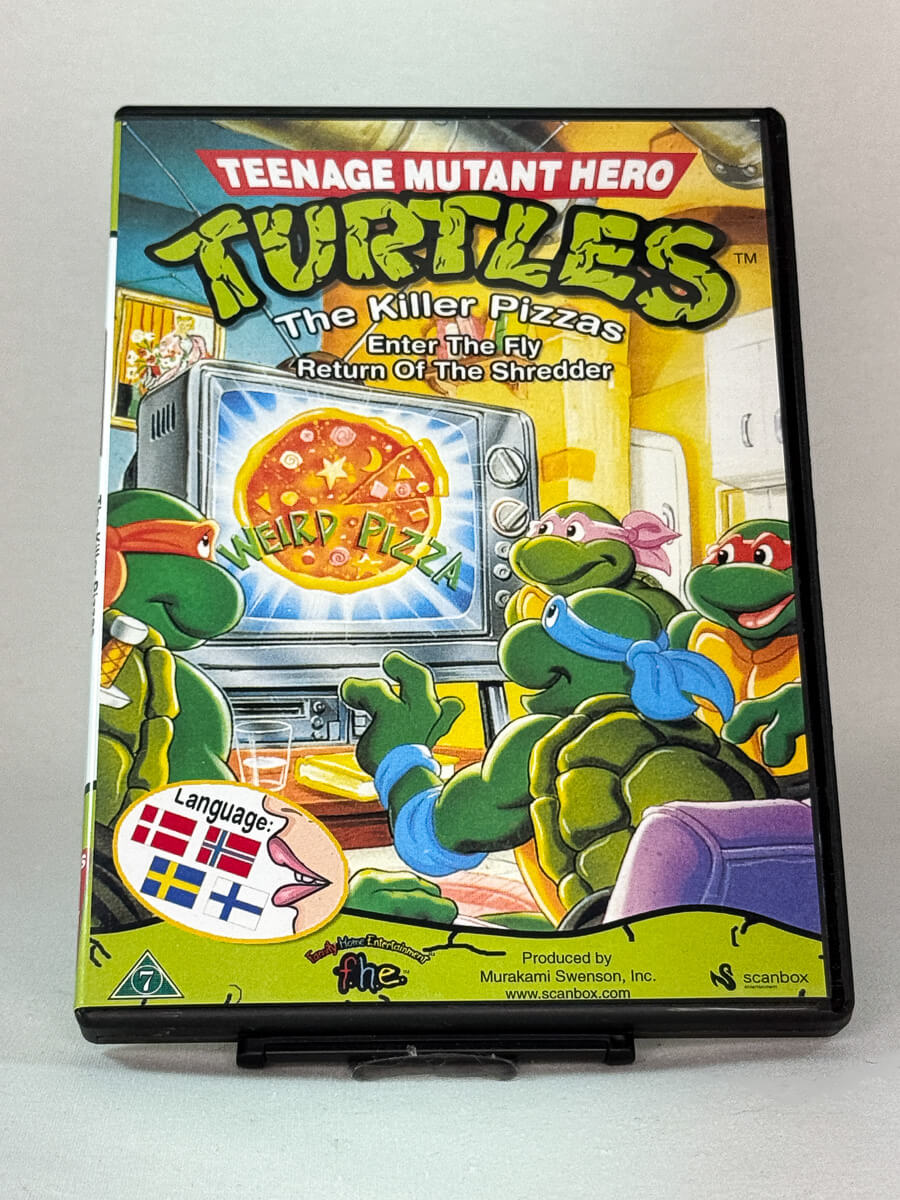 Forside av DVD-cover til Teenage Mutant Hero Turtles – The Killer Pizzas, brukt animasjonsfilm på DVD fra Brukbar Film