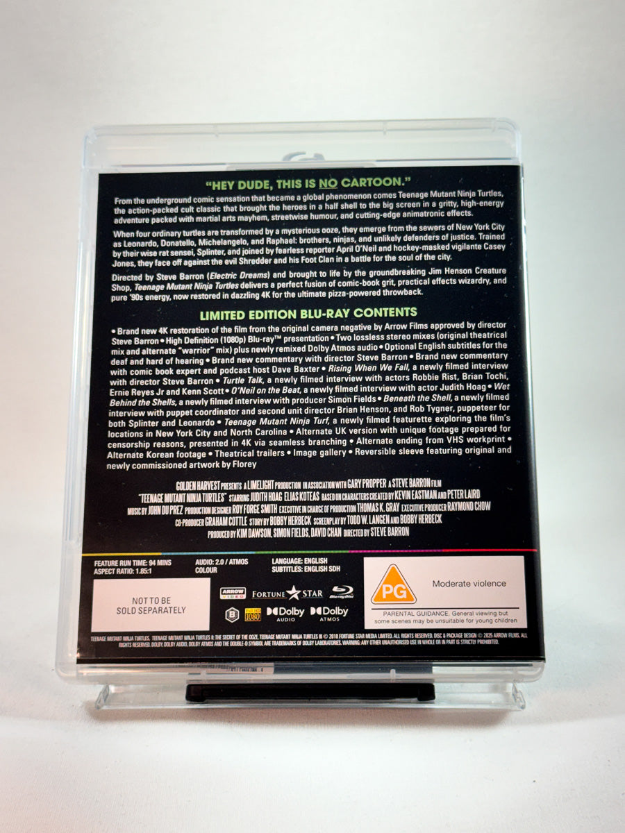 Bakside av Blu-ray-cover til Teenage Mutant Ninja Turtles, Limited Arrow Video utgave - second hand Blu-ray hos nettbutikken Brukbar Film