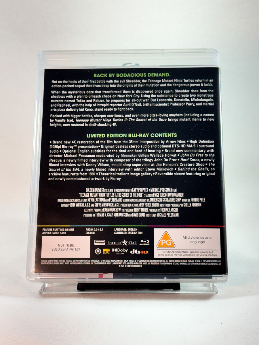 Bakside av Blu-ray-cover til Teenage Mutant Ninja Turtles 2: The Secret of the Ooze, Limited Arrow Video utgave - second hand Blu-ray hos Brukbar Film