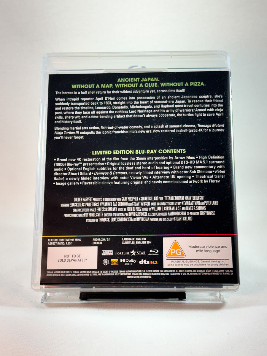 Bakside av Blu-ray-cover til Teenage Mutant Ninja Turtles 3, Limited Arrow Video utgave - second hand Blu-ray hos Brukbar Film