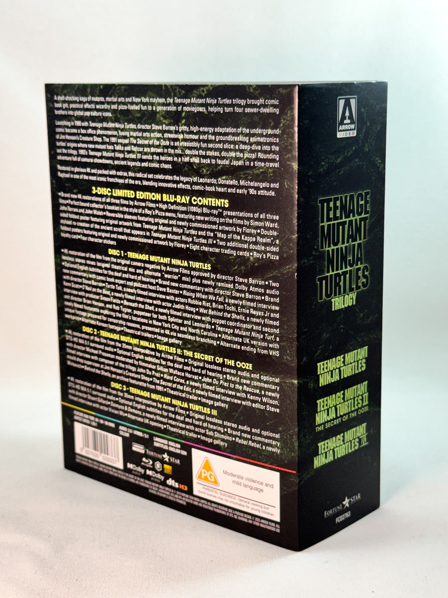 Bakside av Blu-ray-cover til Teenage Mutant Ninja Turtles Trilogy, Limited Arrow Video utgave - second hand Blu-ray samlebokks hos nettbutikken Brukbar Film 