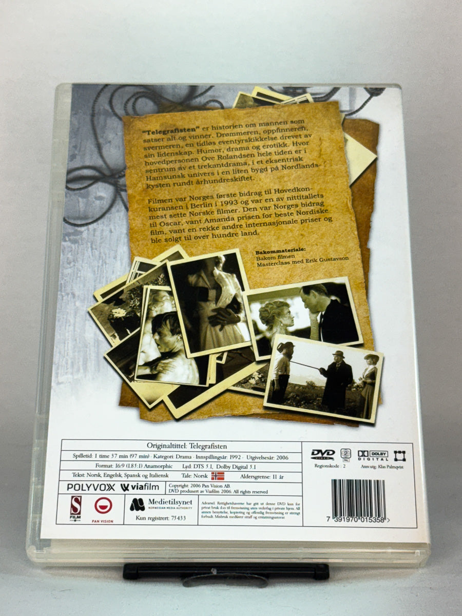 Bakside av DVD-cover til Telegrafisten, bruktfilm hos nettbutikken Brukbar Film