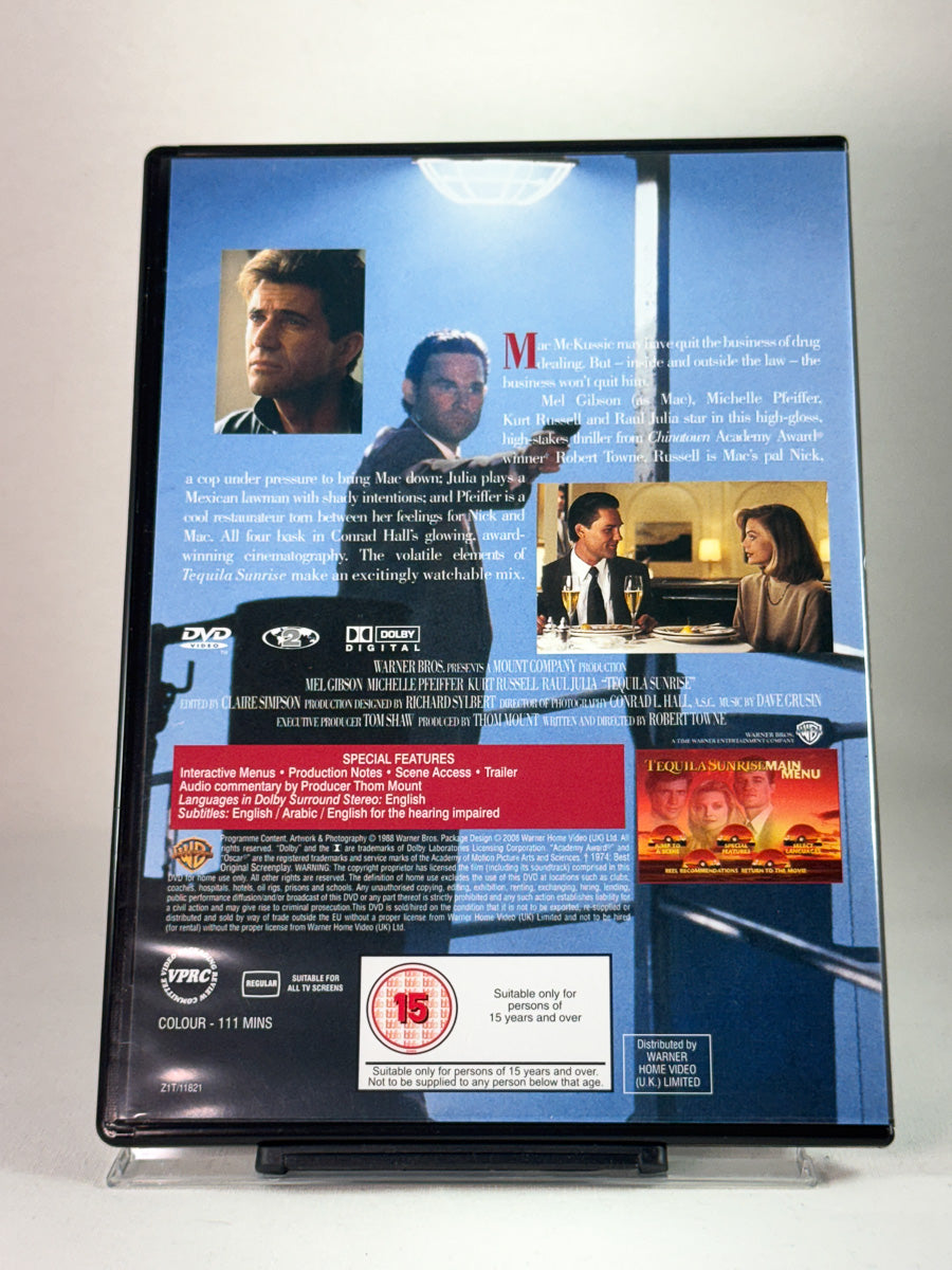 Bakside av DVD-cover for Tequila Sunrise – 80-tallsklassiker med sterke roller og intriger, brukt DVD hos Brukbar Film. 
