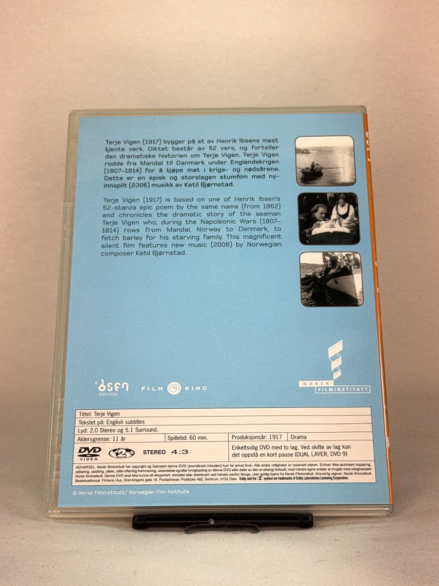 Bakside av DVD-en Terje Vigen (1917) – informasjon om filmens handling, produksjon og tekniske detaljer, brukt DVD fra Brukbar Film.