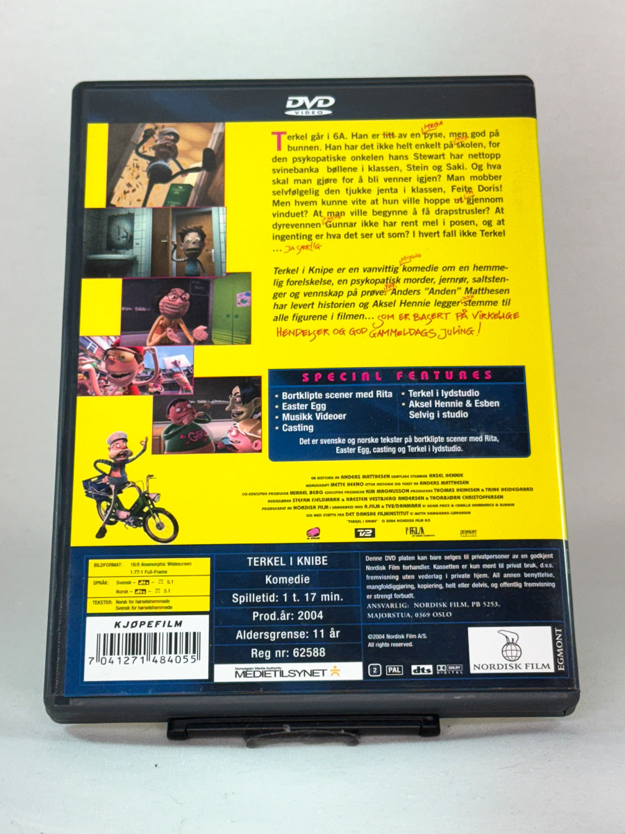 Bakside av DVD-cover til Terkel i knipe – satirisk ungdomsfilm med grov humor og uforglemmelige replikker – original brukt Special Edition-DVD hos Brukbar Film.