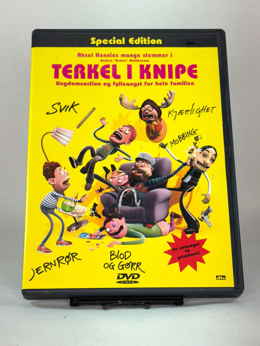 Forside av DVD-cover til Terkel i knipe – dansk kultklassiker med stemmer av Aksel Hennie og Anders Matthesen, kjent for sin mørke humor – brukt animasjonsfilm på DVD hos Brukbar Film.