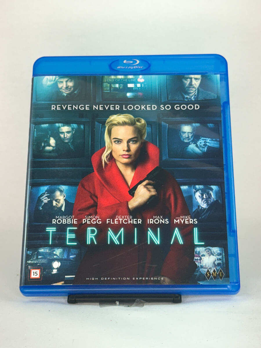 Forside av Blu-ray-cover til Terminal – stilfull noir-thriller med Margot Robbie og Simon Pegg, brukt film hos Brukbar Film.