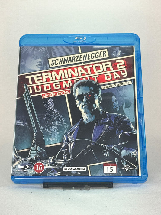 Forside av Blu-ray-cover til Terminator 2: Judgment Day (1991) – Limited Edition med Arnold Schwarzenegger i hovedrollen, brukt film hos Brukbar Film.