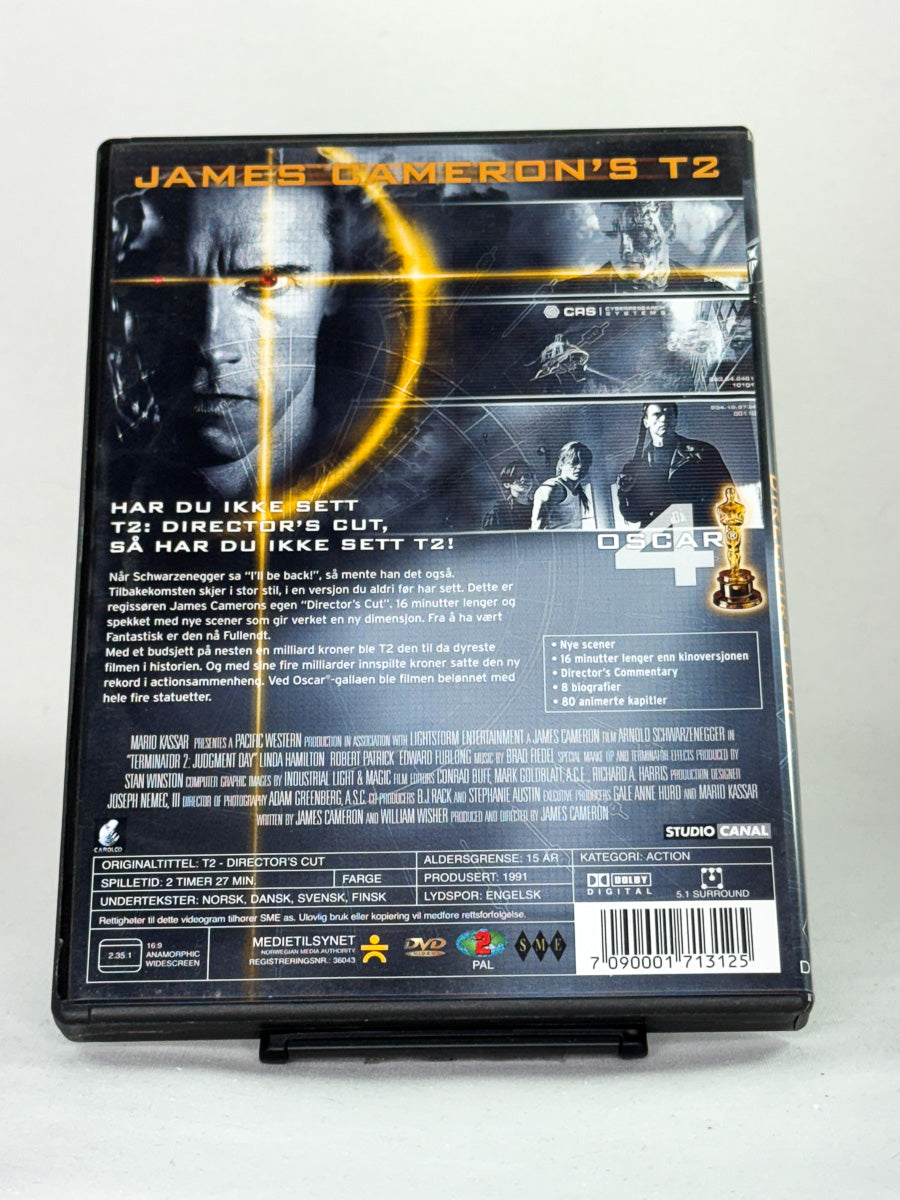 Bakside av DVD-cover for filmen Terminator 2: Judgment Day – Director’s Cut – brukt original actionfilm på DVD, tilgjengelig hos Brukbar Film