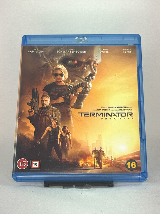 Blu-ray forside av Terminator: Dark Fate – brukt sci-fi actionfilm med Arnold Schwarzenegger og Linda Hamilton, tilgjengelig hos Brukbar Film
