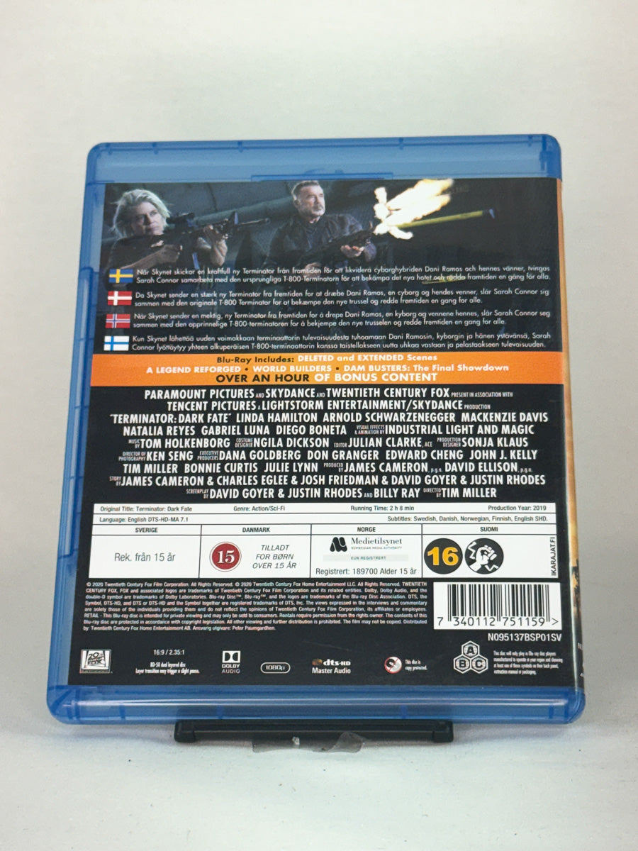 Blu-ray bakside av Terminator: Dark Fate – brukt sci-fi actionfilm med Arnold Schwarzenegger og Linda Hamilton, tilgjengelig hos Brukbar Film