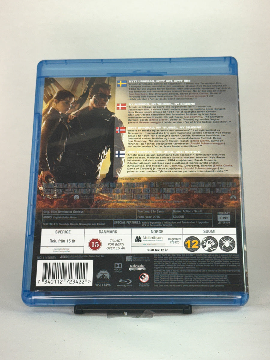 Bakside av Blu-ray-cover til Terminator Genisys – brukt originalfilm på Blu-ray med spesifikasjoner, Brukbar Film