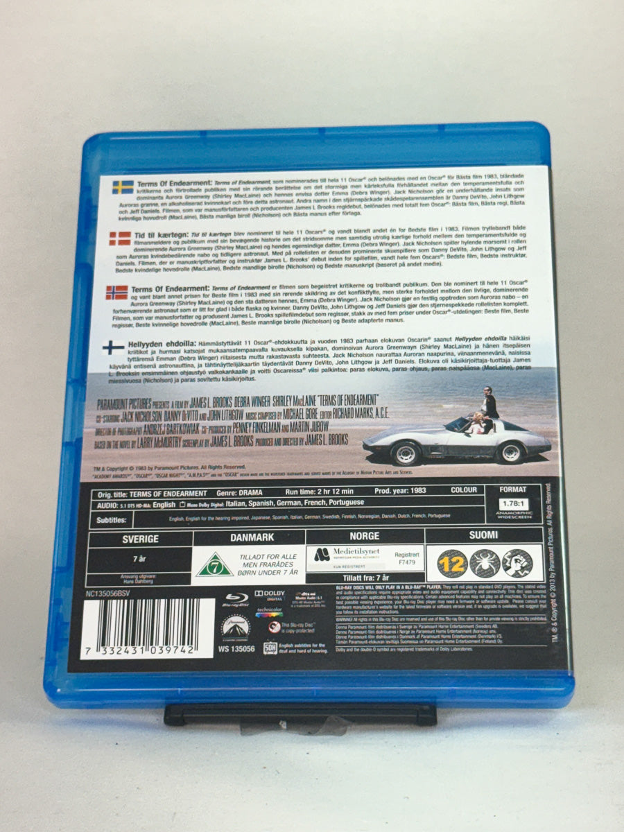 Bakside av Blu-ray-cover til Terms of Endearment – gripende 80-tallsfilm som vant fem Oscar, brukt Blu-ray-film tilgjengelig hos Brukbar Film.