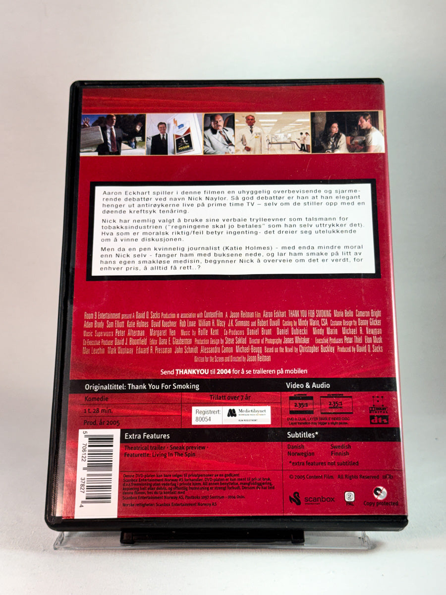 Bakside av cover til Thank You for Smoking, bruktfilm hos nettbutikken Brukbar Film