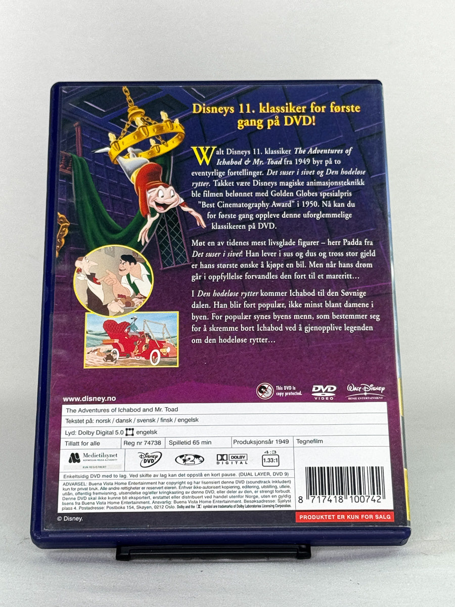 DVD-bakside til filmen The Adventures of Ichabod and Mr. Toad
Baksiden viser info, spesifikasjoner og eventuell ekstratekst – produktbilde fra nettbutikken Brukbar Film