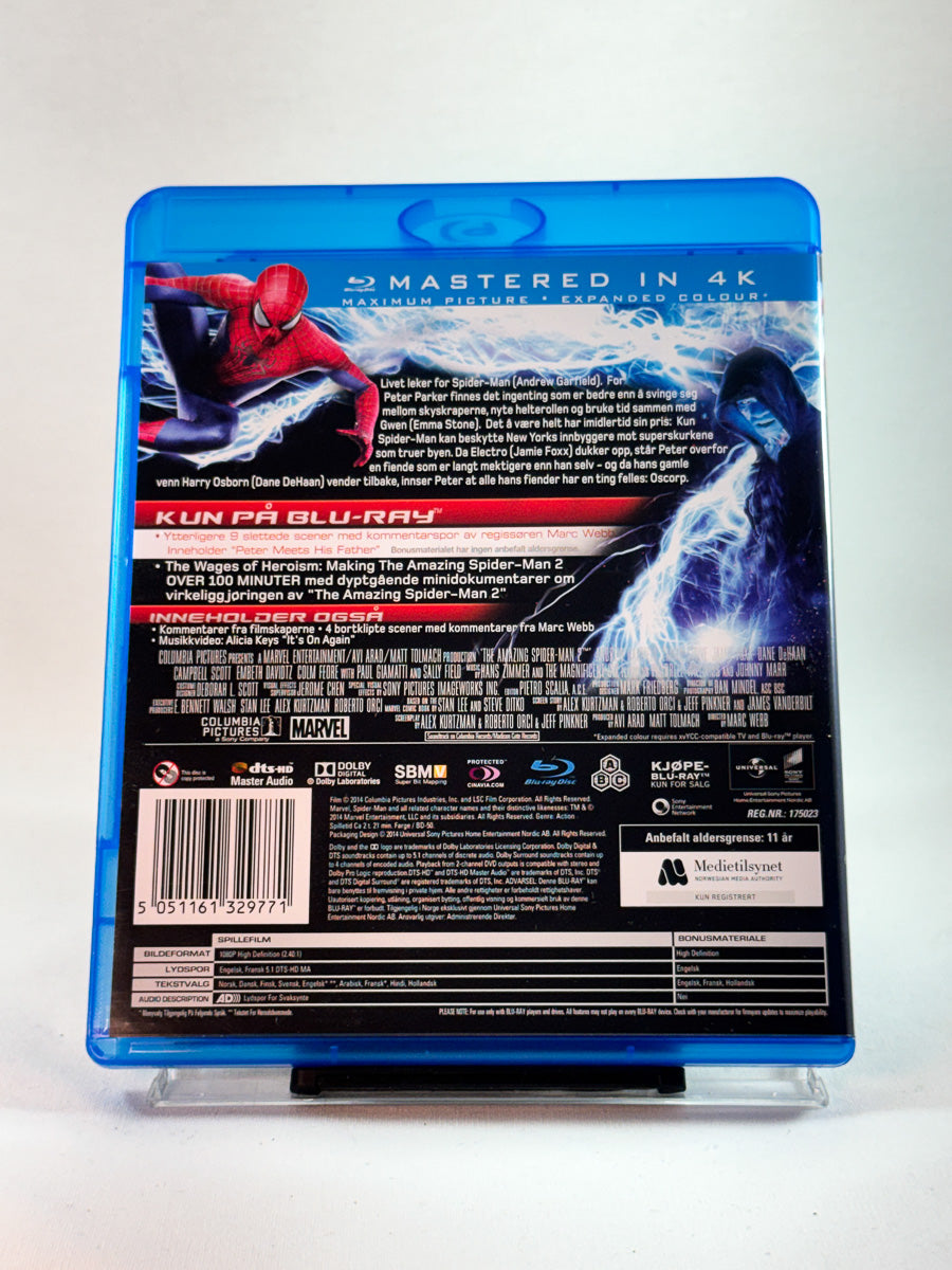 Bakside av Blu-ray-cover til The Amazing Spider-Man 2, brukt original Blu-ray hos Brukbar Film