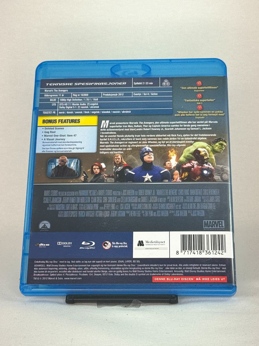 Bakside av Blu-ray-cover til The Avengers – tekniske detaljer, språk og spesifikasjoner, brukt Blu-ray hos Brukbar Film