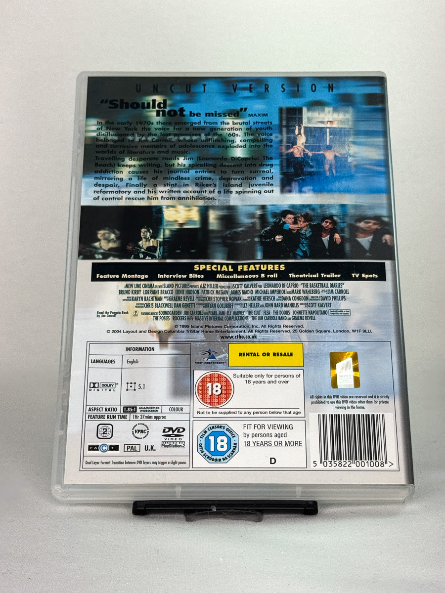 Bakside av DVD-cover til The Basketball Diaries (Netter i New York) – Uncut Version - gripende drama på brukt DVD, kjøp klassiske filmer hos Brukbar Film