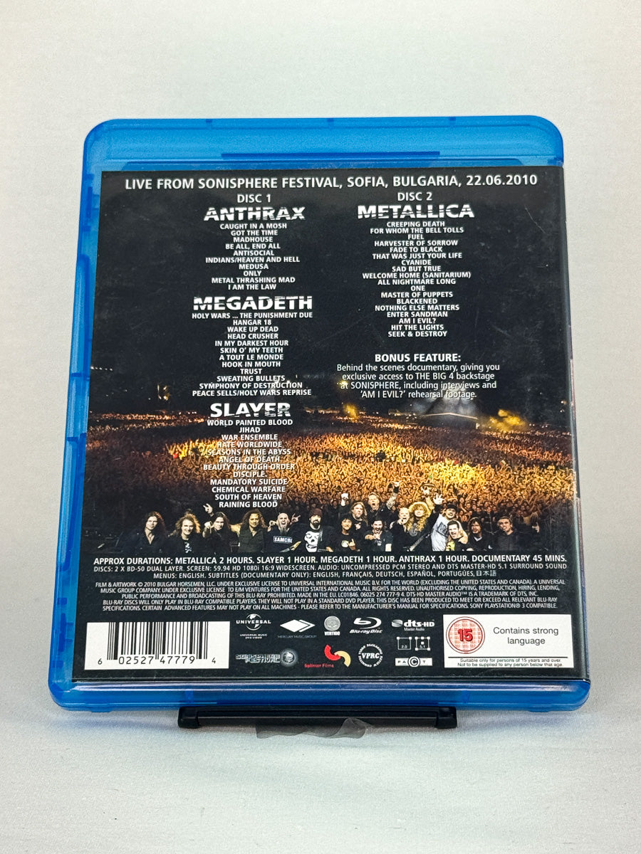Bakside av Blu-ray-cover for The Big 4 – Live from Sofia, Bulgaria – brukt konsertfilm på Blu-ray, tilgjengelig hos Brukbar Film