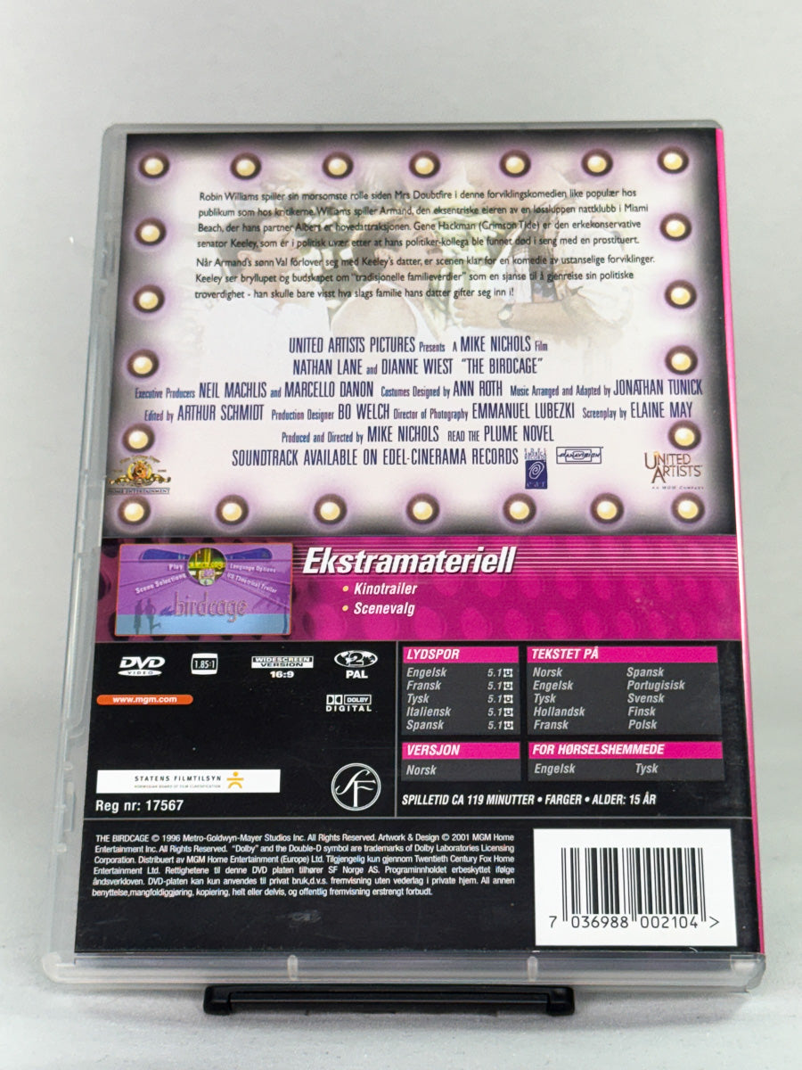 Bakside av DVD-cover for filmen The Birdcage (norsk tittel: Lånte fjær) – brukt originalfilm på DVD, humorfilm tilgjengelig hos Brukbar Film