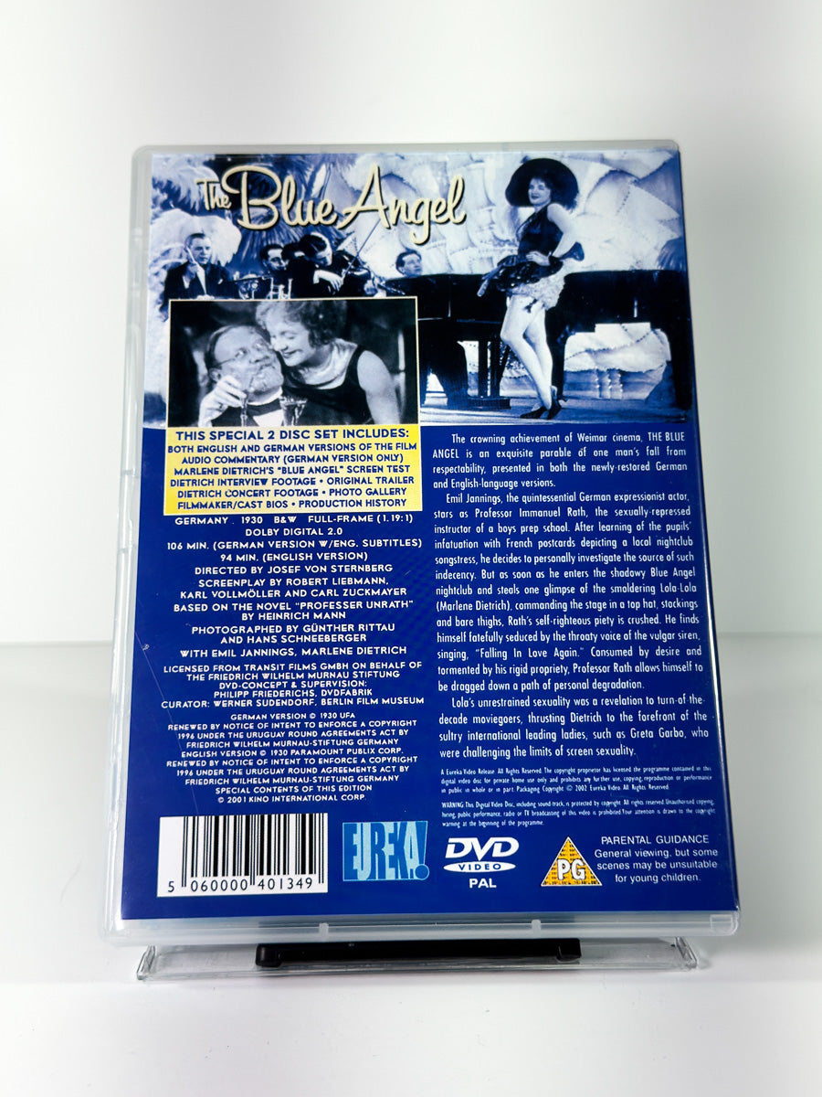 Bakside av cover til The Blue Angel, bruktfilm på DVD hos Brukbar Film
