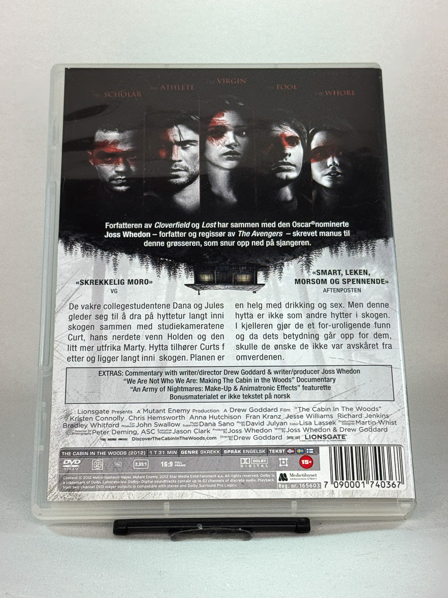 Bakside av Blu-ray-cover til The Cabin in the Woods – brukt horrorfilm i original Blu-ray-utgave hos Brukbar Film