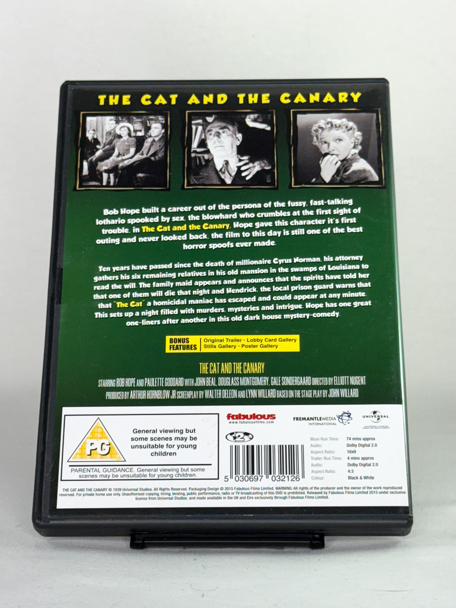 DVD-cover-bakside til filmen The Cat and the Canary – Brukt DVD fra nettbutikken Brukbar Film