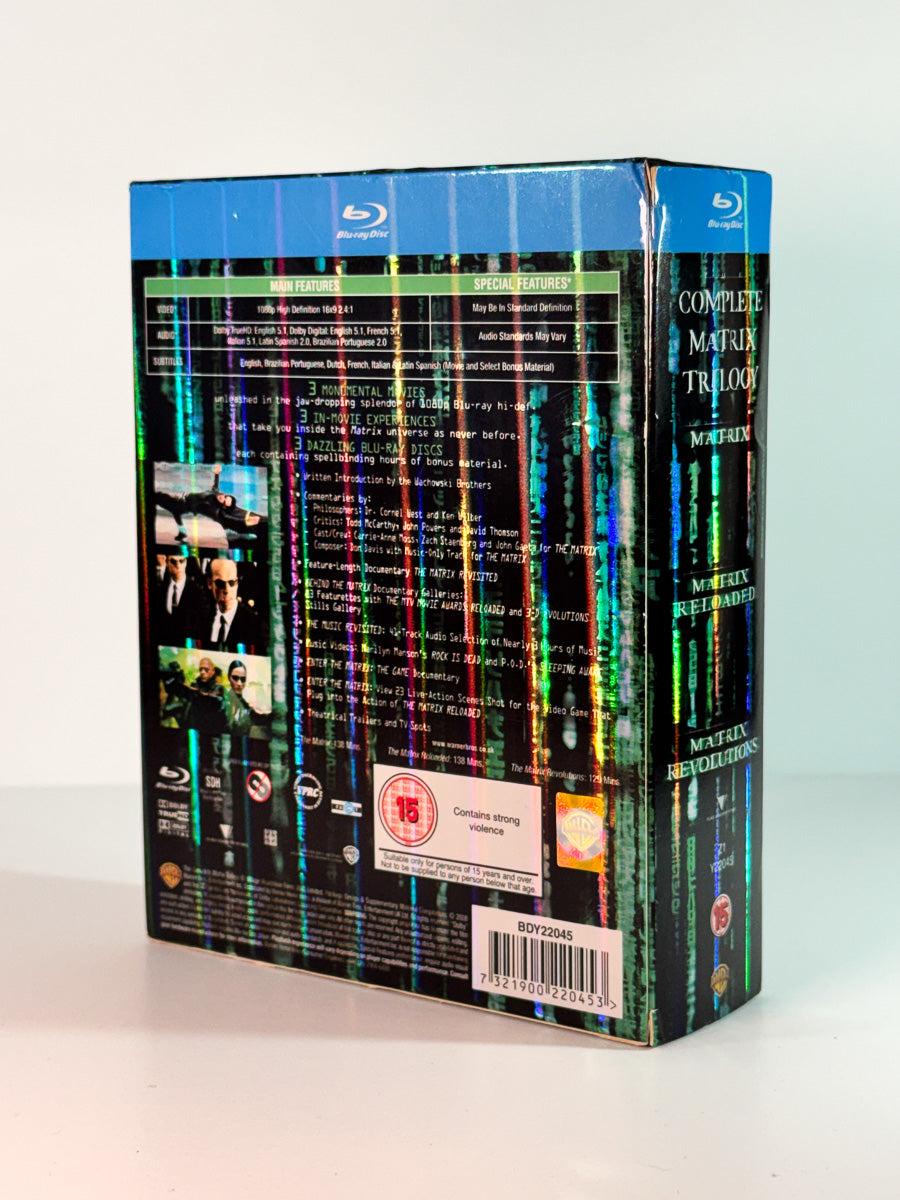 Bakside av cover til The Complete Matrix Trilogy, bruktfilm hos nettbutikken Brukbar Film
