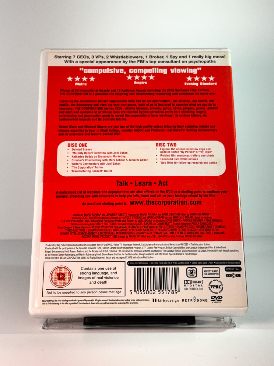 Bakside av cover til The Corporation, bruktfilm hos nettbutikken Brukbar Film