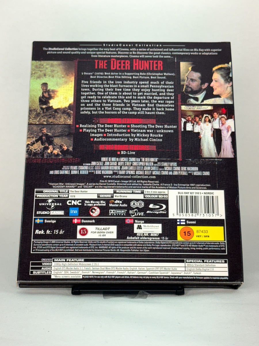 Bakside av Blu-ray-cover for The Deer Hunter – brukt original Blu-ray-film, klassiker tilgjengelig hos Brukbar Film.