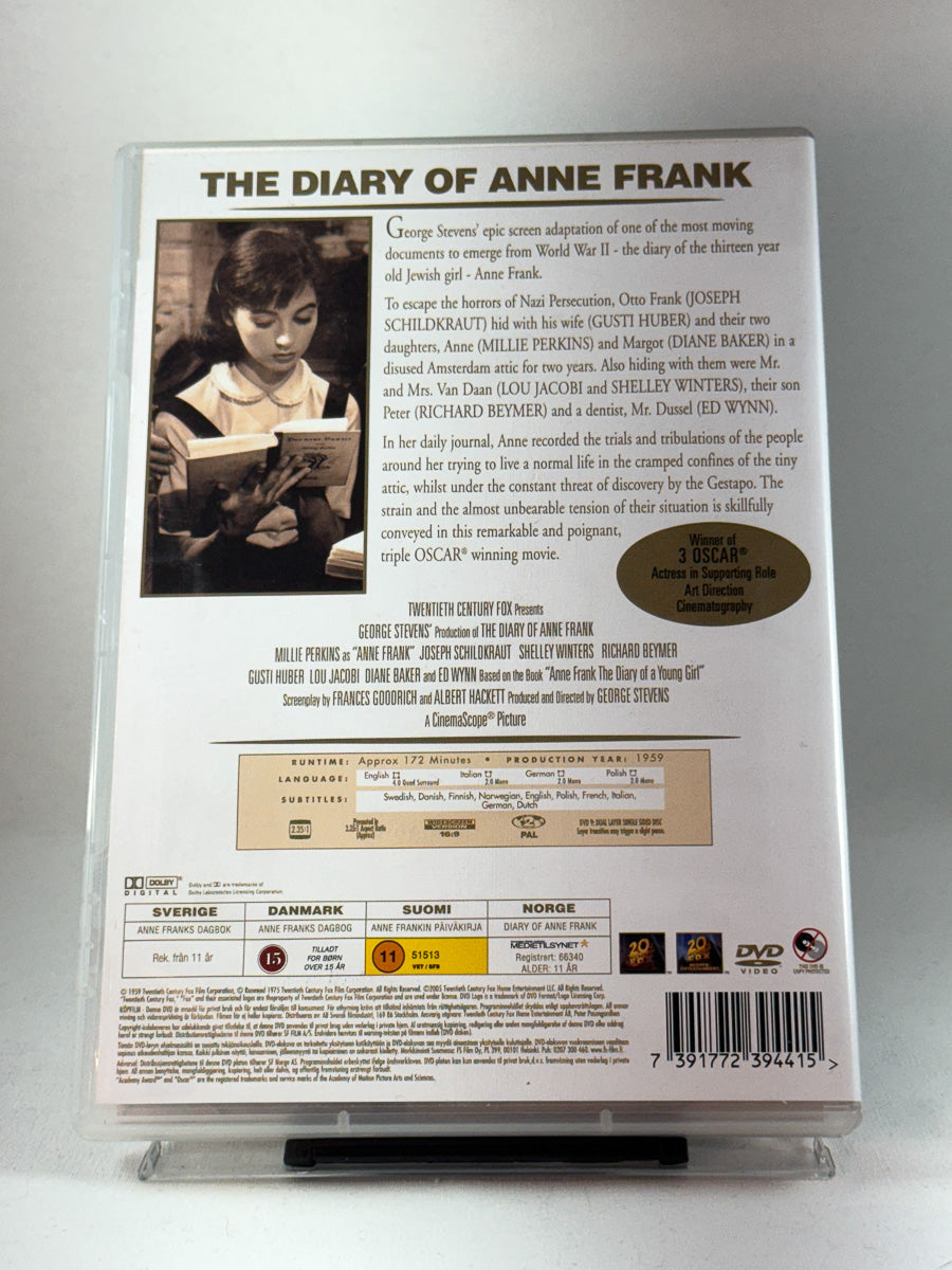 Bakside av DVD-cover til The Diary of Anne Frank, bilde av teknisk info og innhold fra brukt DVD hos Brukbar Film.