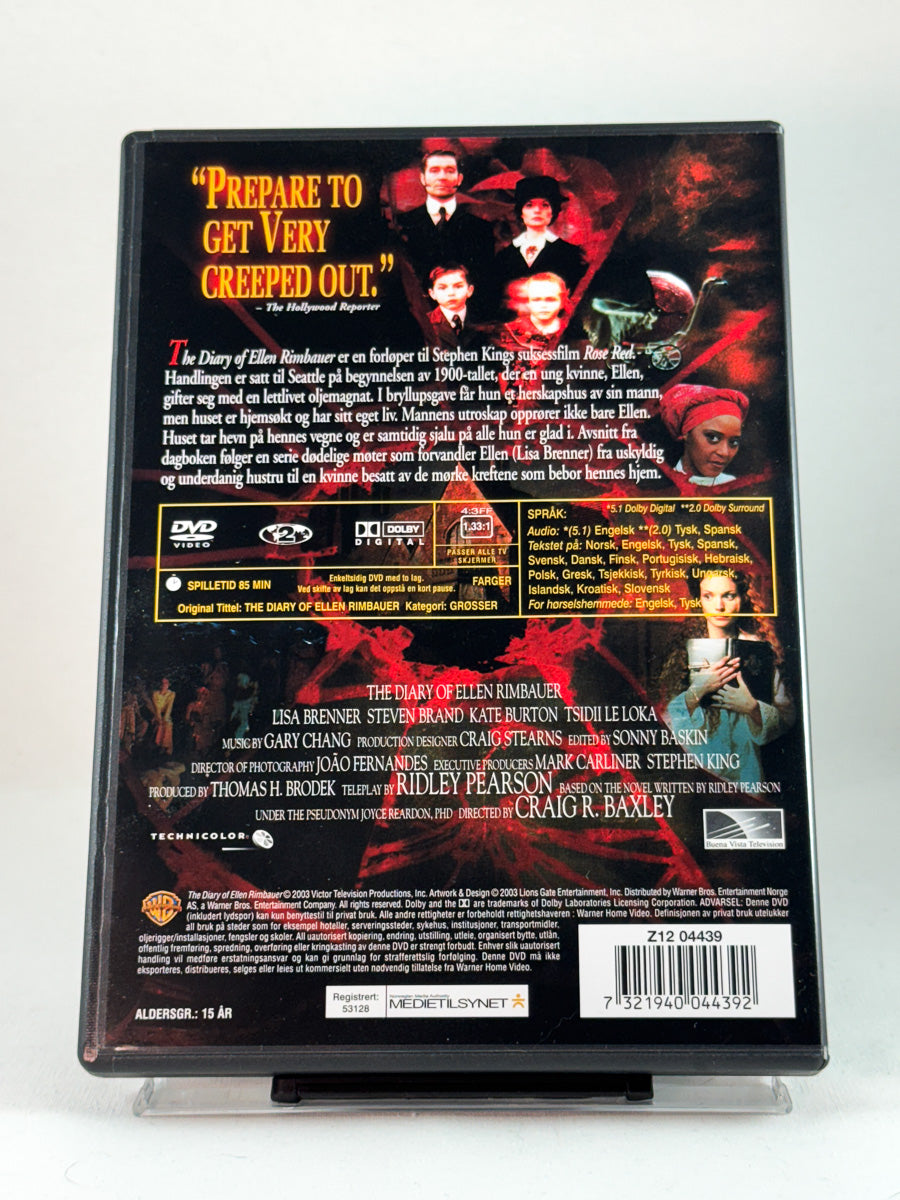 Bakside av DVD-cover til The Diary of Ellen Rimbauer, oversikt over innhold og spesifikasjoner fra brukt DVD hos Brukbar Film.