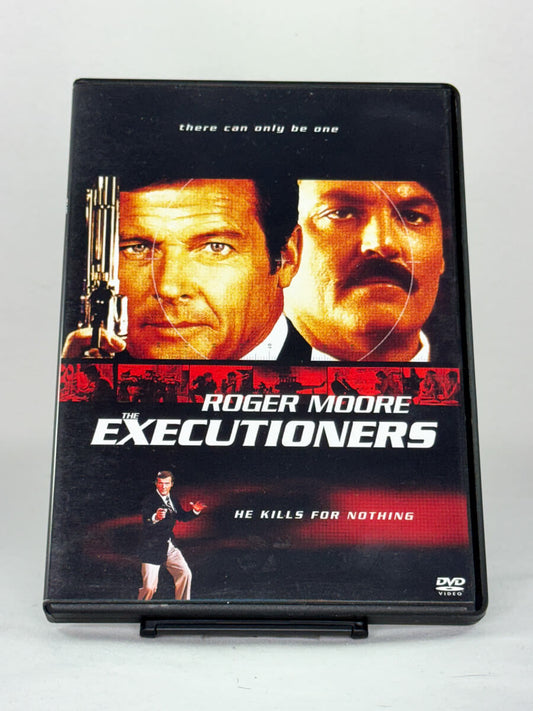 Forside av DVD-cover til The Executioners – actionthriller med Roger Moore, kjent for sine elegante roller, tilgjengelig hos Brukbar Film.