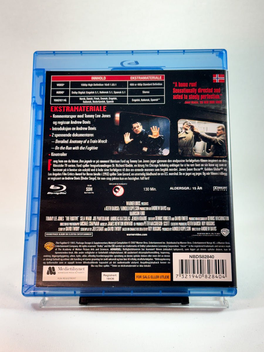 The Fugitive – bakside av Blu-ray-cover, ikonisk spenningsfilm fra 90-tallet, bruktfilm hos Brukbar Film