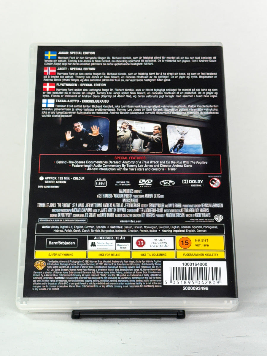 DVD-cover-bakside til filmen The Fugitive (Jaget) – Brukt DVD fra nettbutikken Brukbar Film