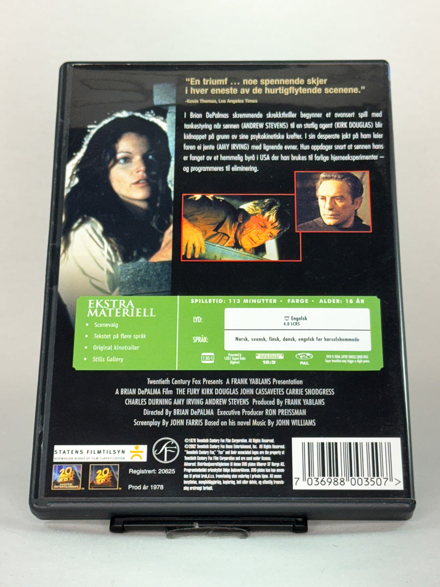 Bakside av DVD-cover til The Fury – intens 70-talls thriller med overnaturlige undertoner, original brukt DVD-utgave tilgjengelig hos Brukbar Film.
